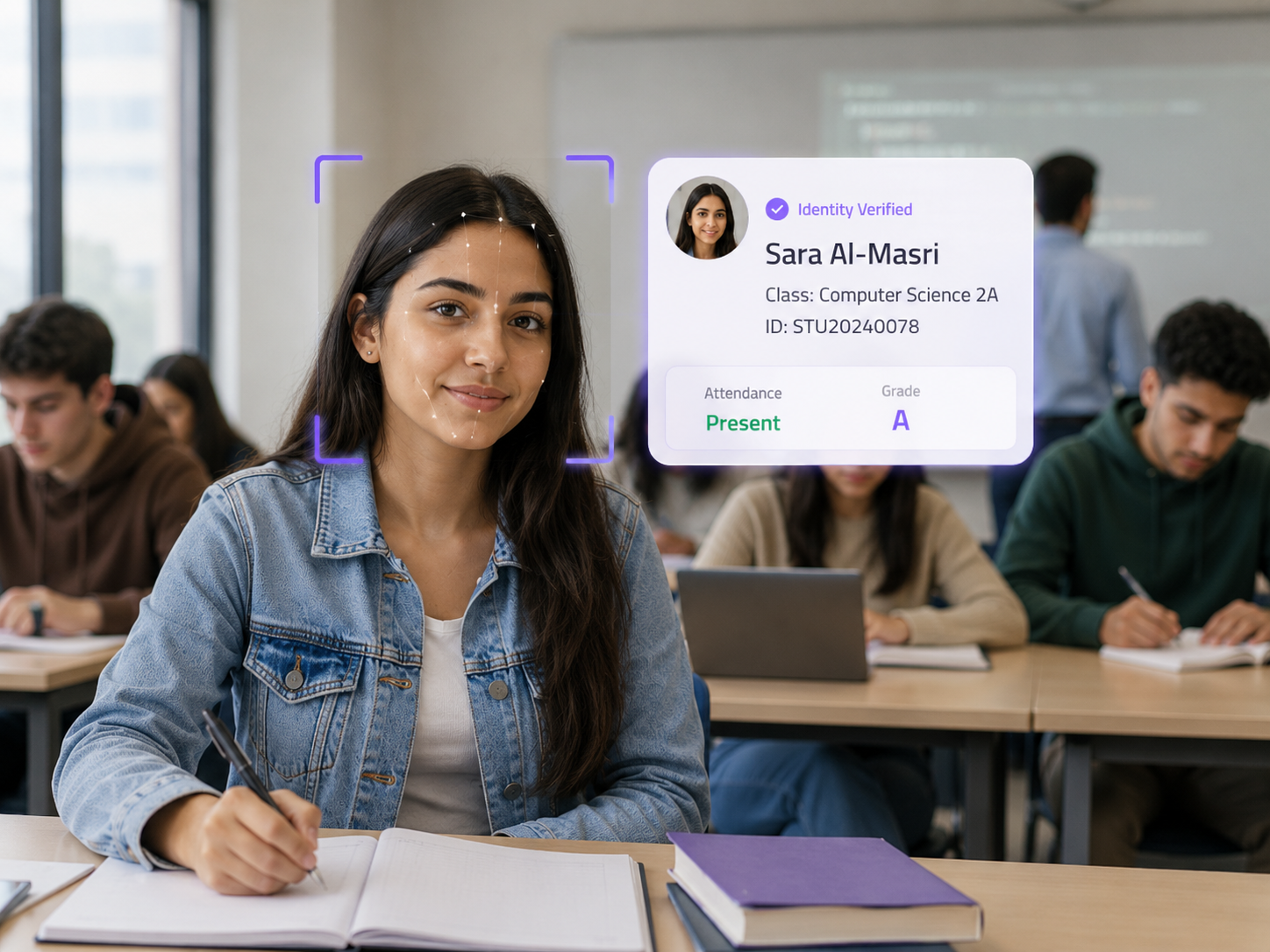 Students checking in at a school campus via face recognition