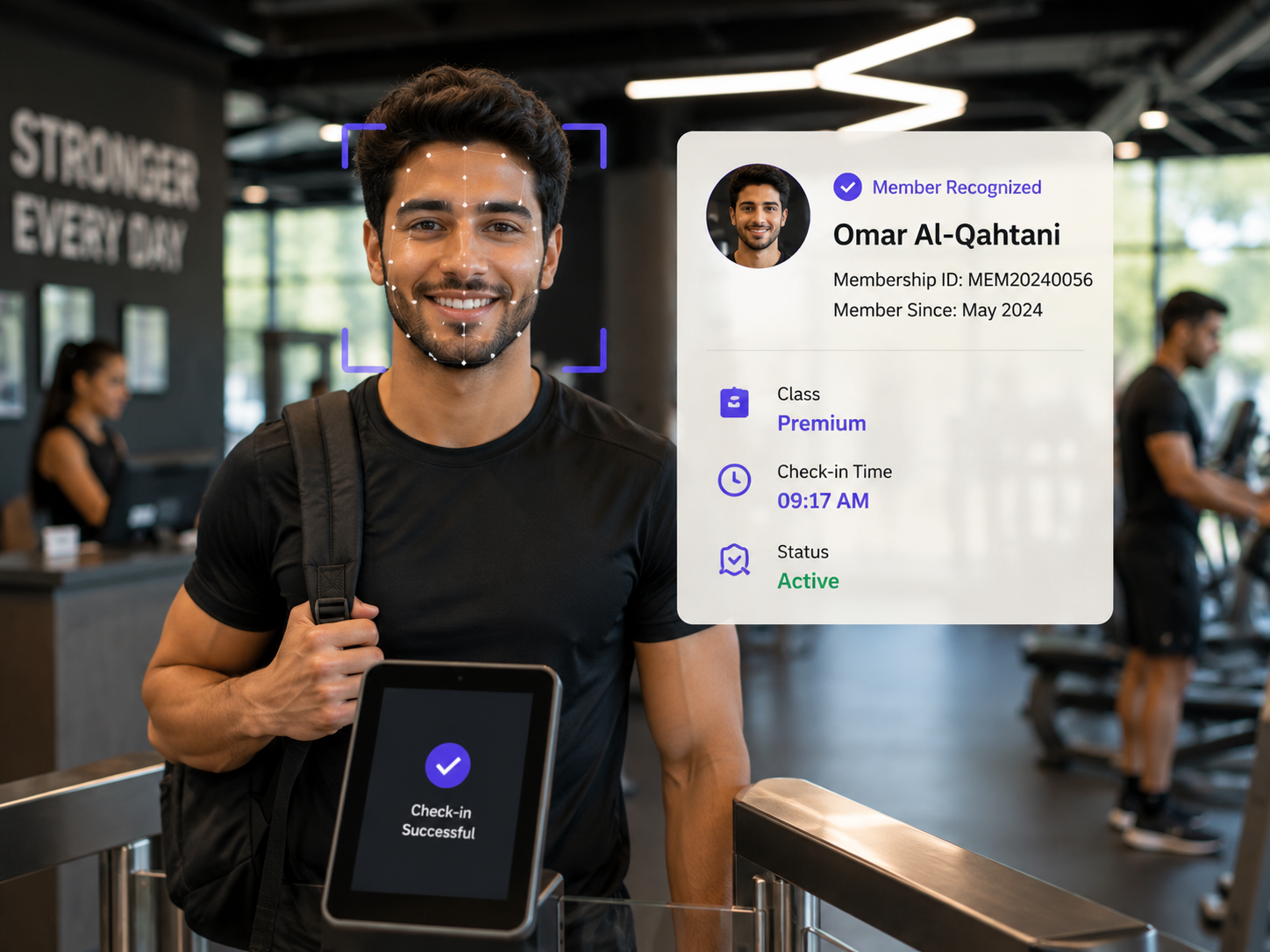 Gym member checking in via face recognition at the entry