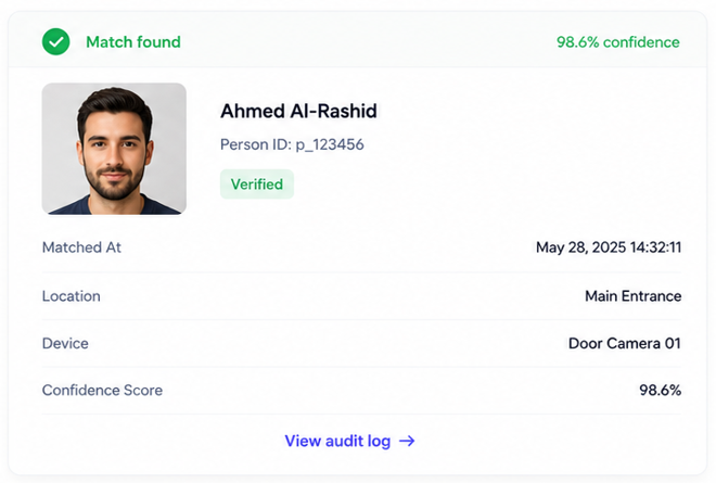 Recognition result screenshot — real-time match with audit log